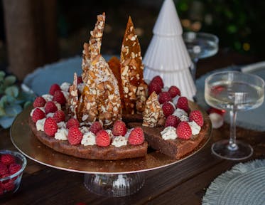 Dark Chocolate Torte with Roasted Almond Shards and Whipped Mascarpone