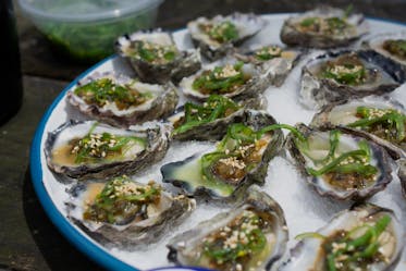 Fresh Oysters with Charred Spring Onion and Wakame