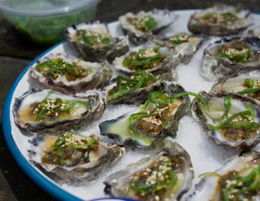 Fresh Oysters with Charred Spring Onion and Wakame