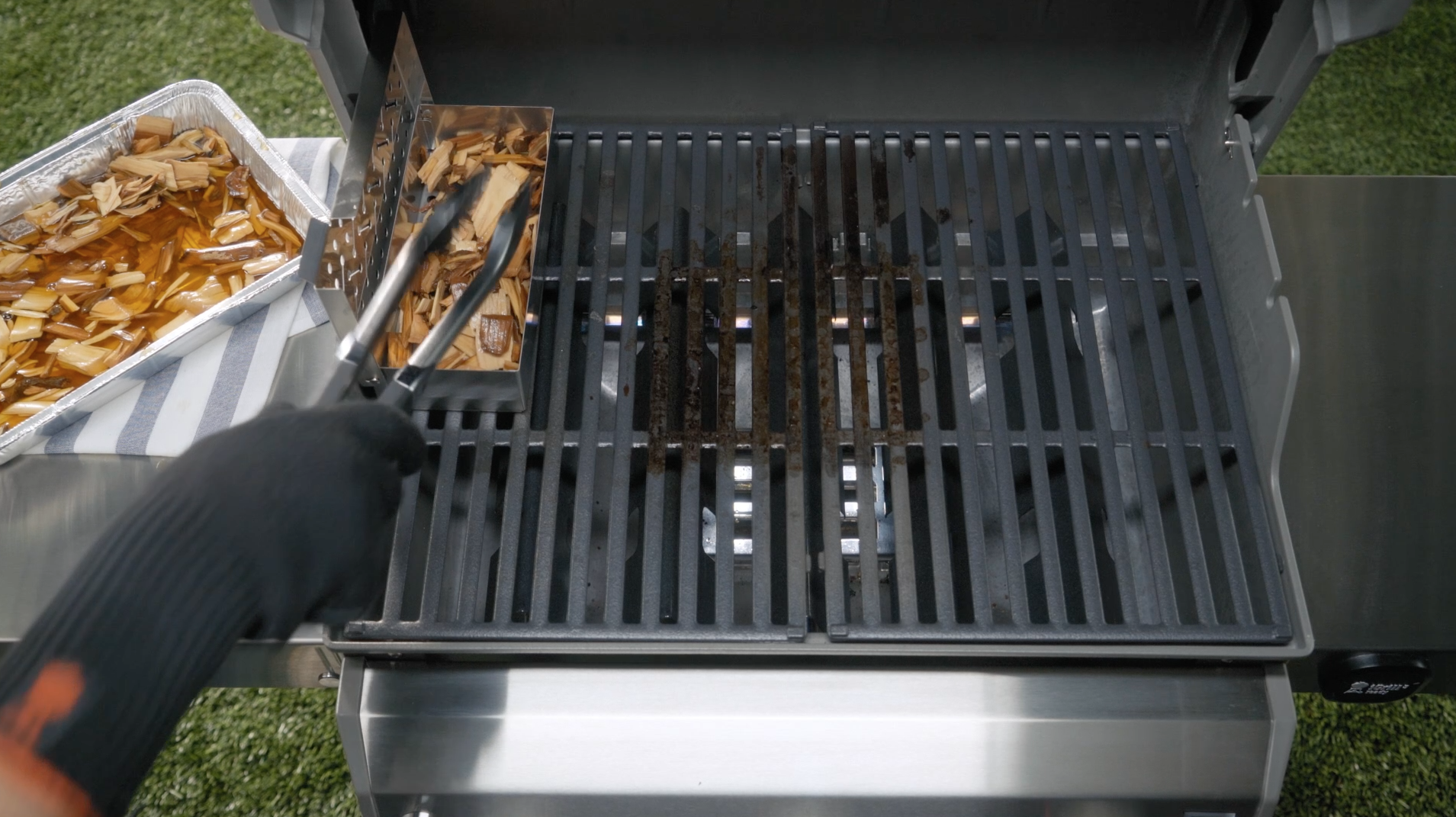 brine turkey with smoker box on a gas grill