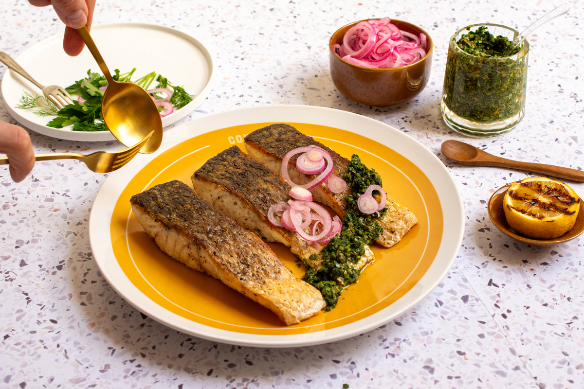 Barbecued Barramundi with Quick Pickled Onion and Salsa Verde 