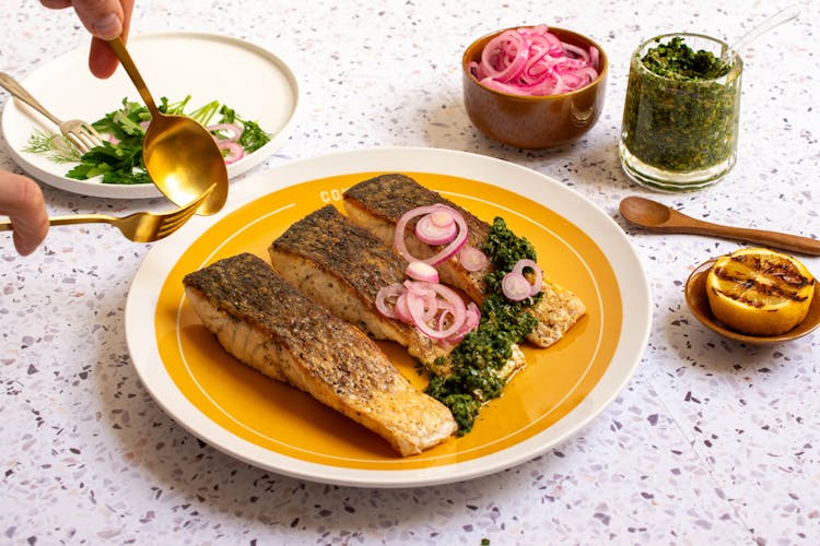 Barbecued Barramundi with Quick Pickled Onion and Salsa Verde Seafood