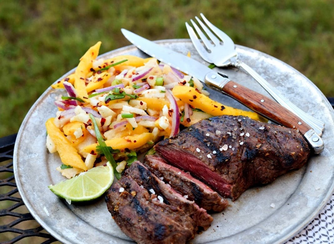 Mango Marinated Flat Iron Steaks With Fruity Ginger Jicama Slaw Grilling Inspiration Weber Grills