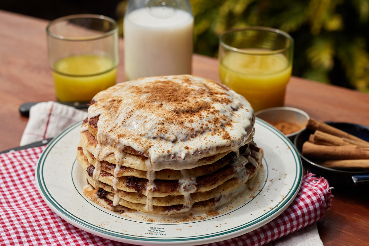 Cinnamon Swirl Pancakes with Cream Cheese Frosting Drizzle