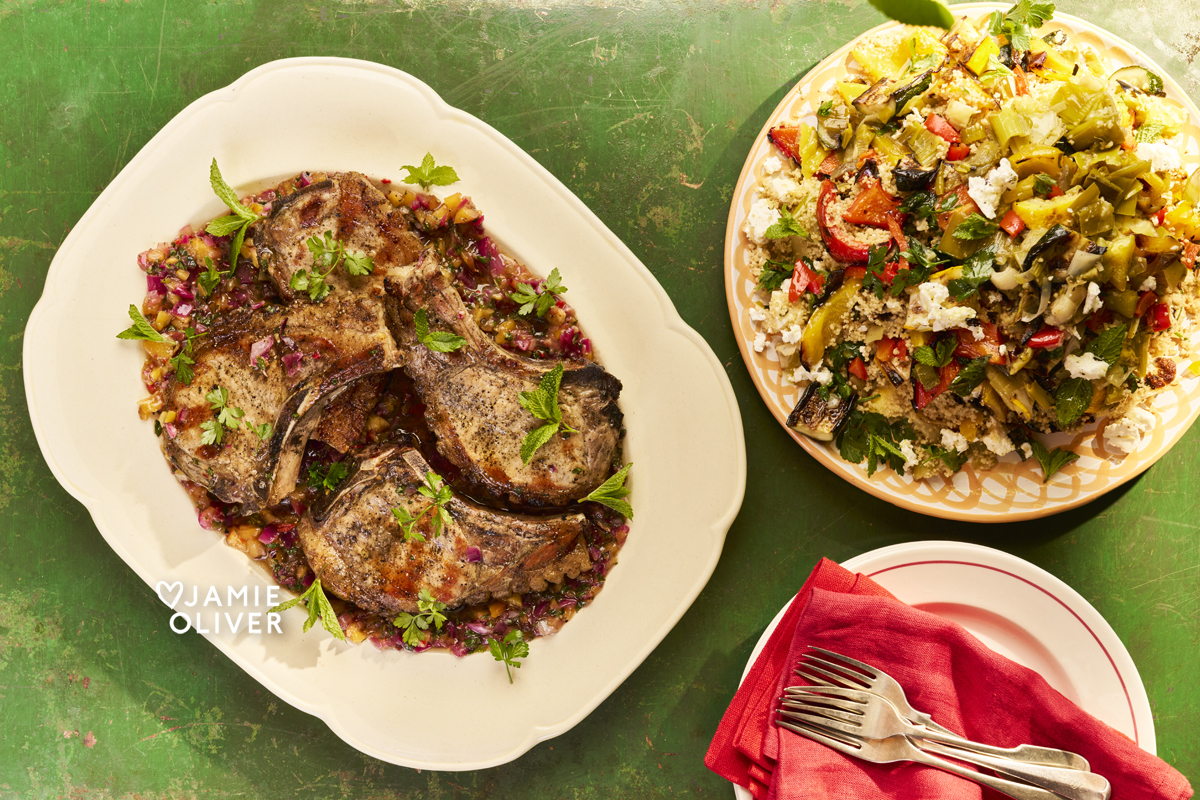 Grilled pork chops with a charred peach salsa, barbecued veg & soft feta 