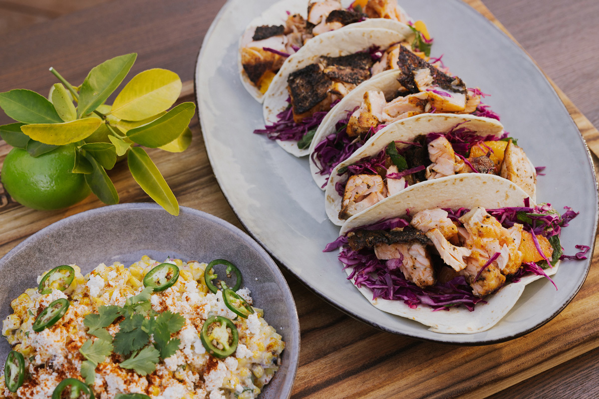 Spice-Crusted, Crispy Skin Salmon Tacos with Red Cabbage, Orange and Mint Slaw