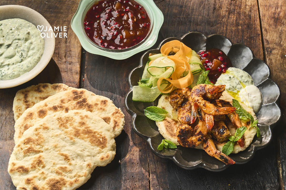 Spiced prawn ﬂatbreads