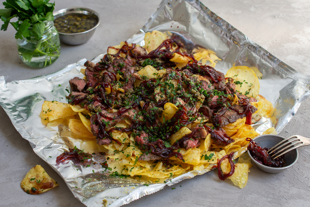 Steak and Jammy Onion Loaded Charcuterie Chips 