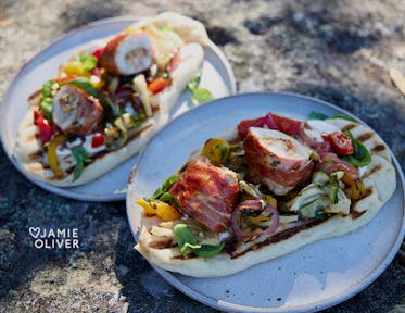 Stuffed Chicken Skewers with Flatbreads & Charred Veg