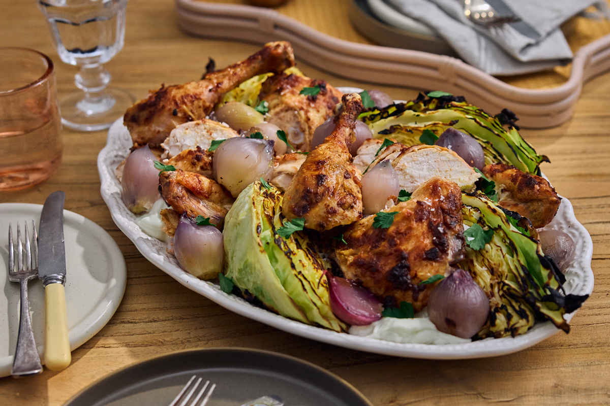 Taramasalata Basted Chicken, Charred Cabbage and Toum 
