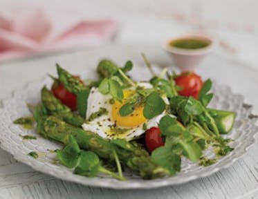 Griddled Asparagus with Fried Egg, Roasted Tomatoes & a Watercress Vinaigrette