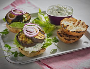Aubergine burger with tzatziki