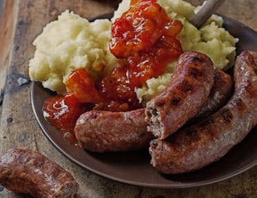 Boerewors with Smashed Potatoes and Sauce