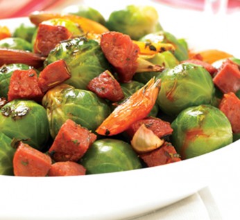 Brussel Sprouts with Grilled Shallots and Chorizo Sausage