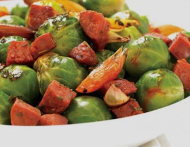 Brussel Sprouts with Grilled Shallots and Chorizo Sausage
