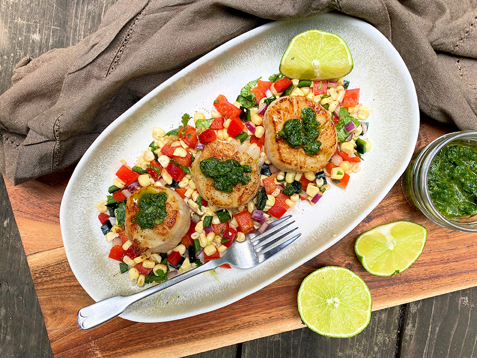Sea Scallops With Grilled Corn Salsa And Cilantro Pesto Bd