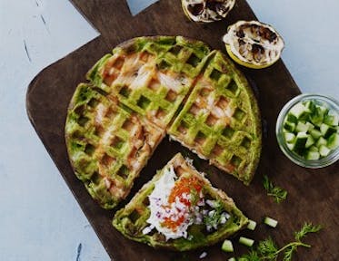 Waffles with spinach and salmon